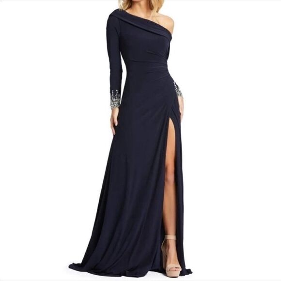 NWT Mac Duggal # 12231 One Shoulder Long Sleeve Jersey Gown - Picture 6 of 13